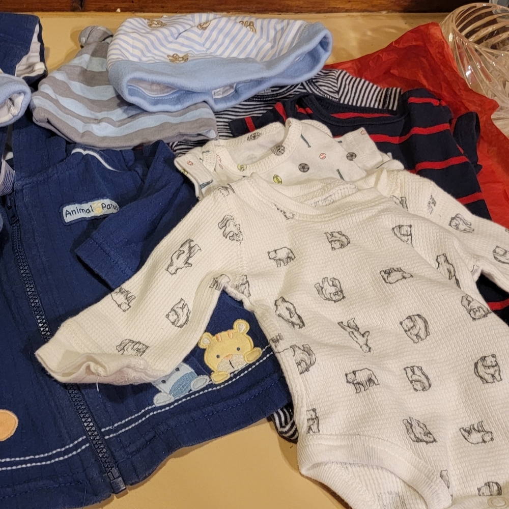 Baby boy newborn 12 piece bundle. Hats,pants,onseies& jacket